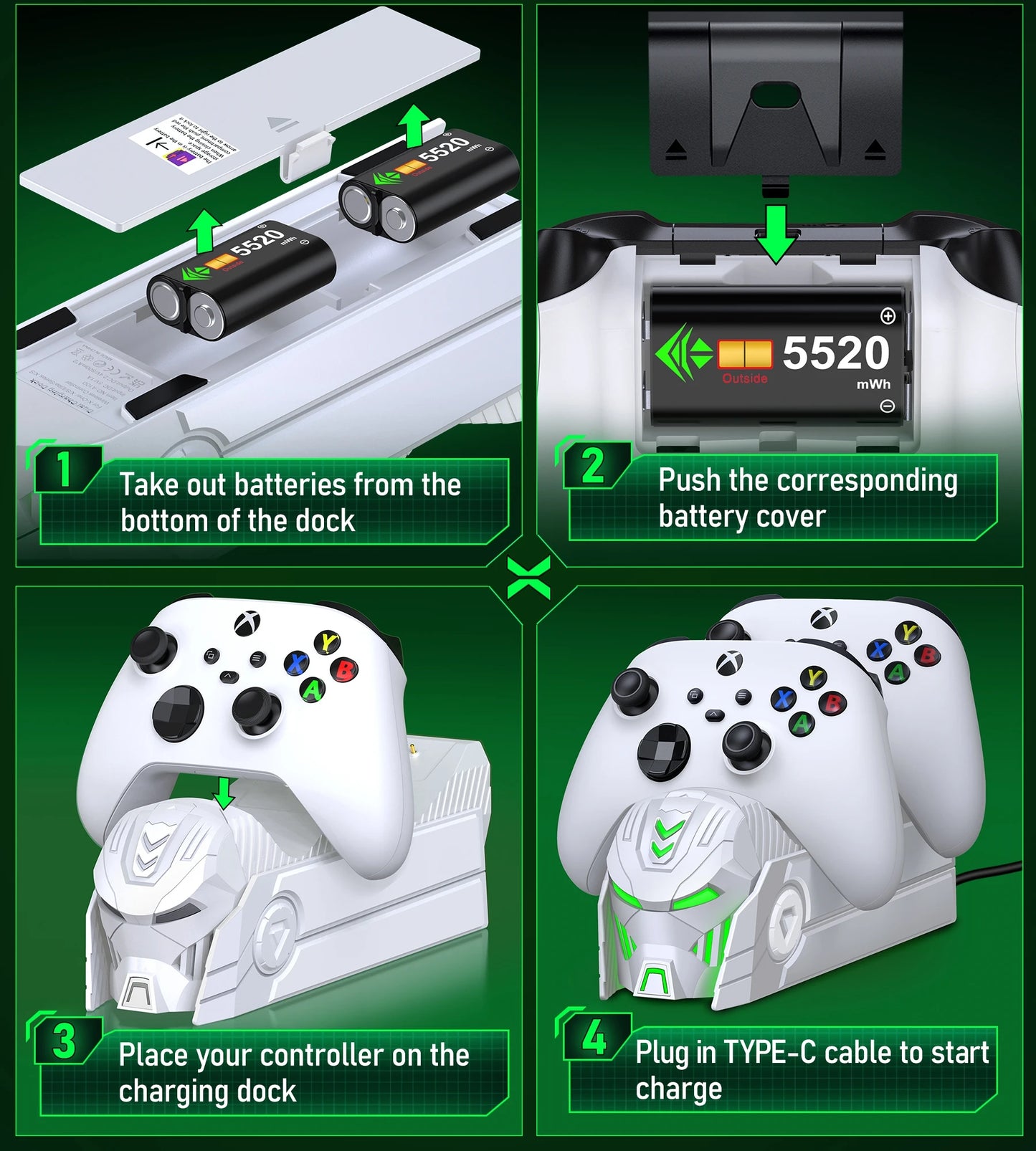 DinoFire A101 XBOX Controller Charger With 2*5520 mWh Rechargable Battery & 4 Cover For XBOX Serise S/X / XBOX ONE S/X