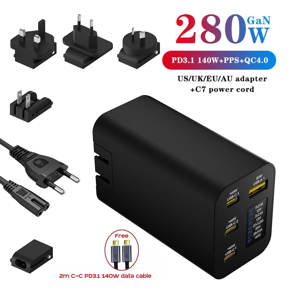 280W GaN High Power Charger 0.96inch OLED Screen PD3.1 140W+140W PPS105W Portable US/EU/UK/KR C7/AU Phone Laptop Fast Charging
