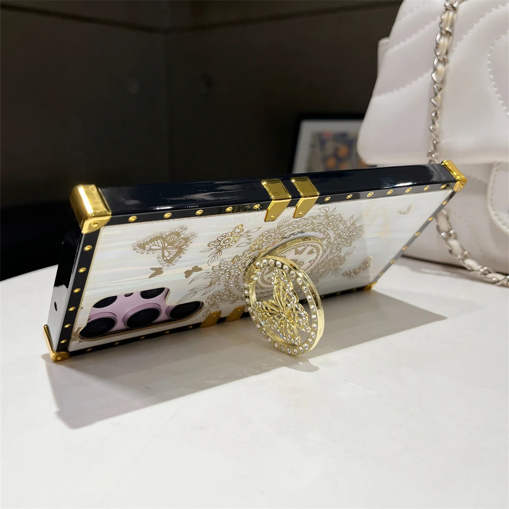 Luxury Butterfly Ring Bracket Plating Phone Case For Samsung S25 S24 Ultra S23 Plus S22 S21 A24 A73 A72 A54 5G A34 A32 A22 Cover