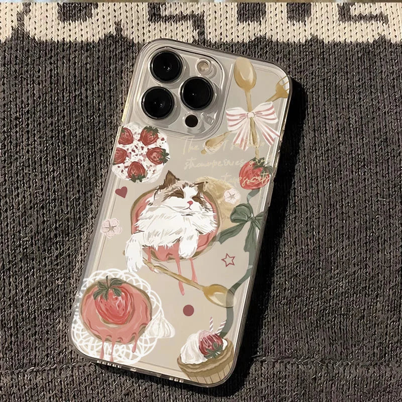 Korean Painted Cat Strawberry Phone Case for Xiaomi Poco X6 X5 X3 F5 F6 M6 Pro 4G Mi 11 Lite 5G 14T 14 13T 13 12T 12 Soft Cover