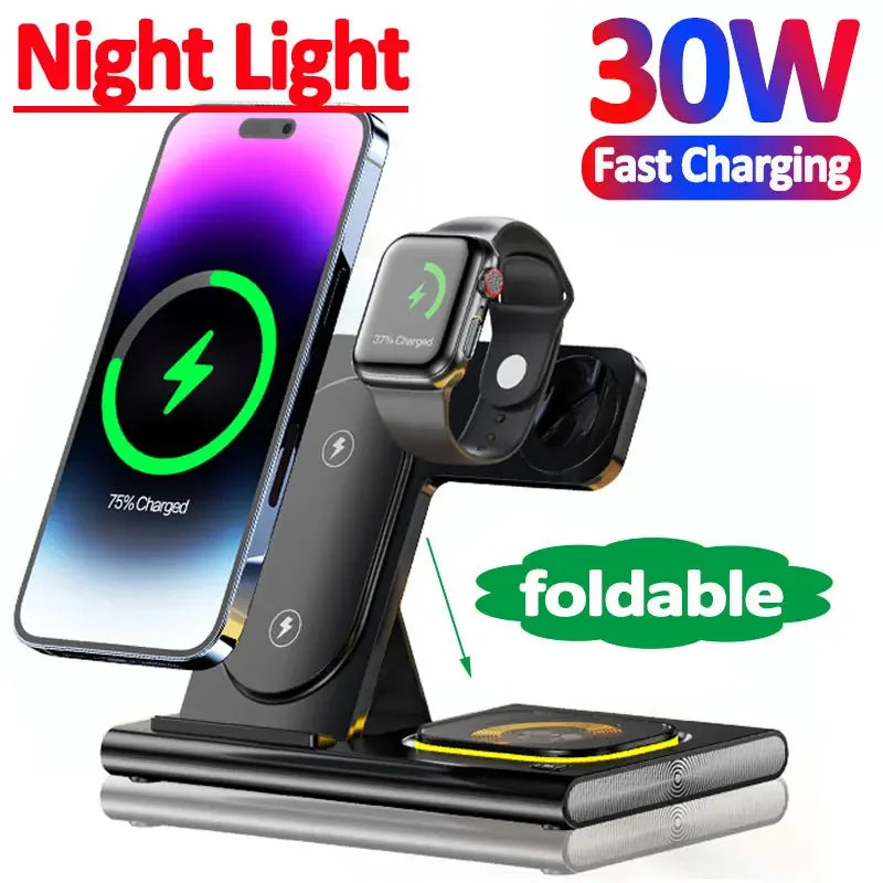 30W Wireless 3 in 1 Charger Stand For iPhone 14 13 12 Pro Max Apple Watch 8 7 Samsung Watch 5 Airpods Fast Charging Dock Station