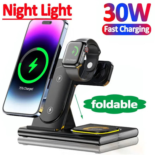30W Wireless 3 in 1 Charger Stand For iPhone 14 13 12 Pro Max Apple Watch 8 7 Samsung Watch 5 Airpods Fast Charging Dock Station