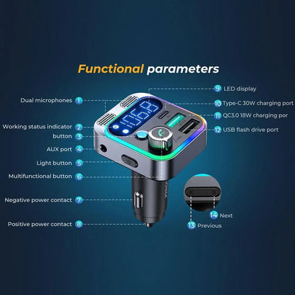 48W  Bluetooth 5.3 FM Transmitter For Car Stronger Dual Mics Deep Bass Sound PD&QC3.0 Car Charger Bt Adapter Fm Transmitter