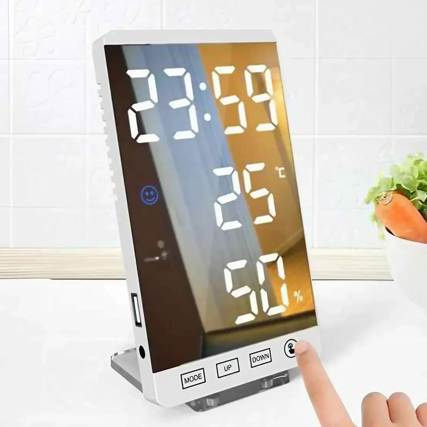 6 Inch Mirror LED Alarm Clock Touch Button Digital Temperature and Humidity Display Clock USB Port Output Clock