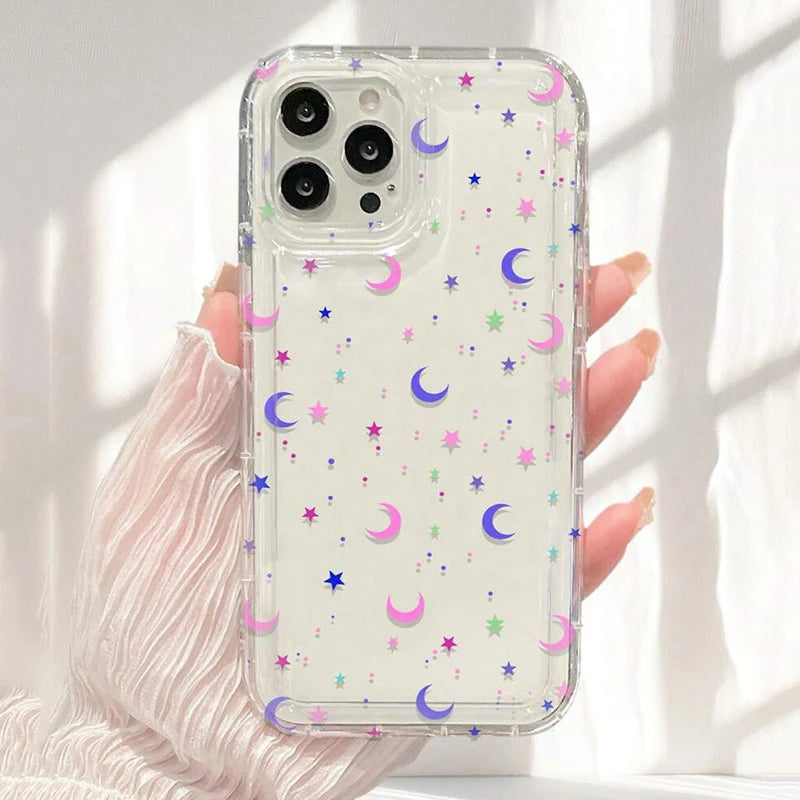 Moon Stars Print Clear Phone Case for iPhone 16E 16 15 14 13 12 11 Pro Max Mini XR X XS 7 8 16 Plus SE Shockproof Silicone Cover