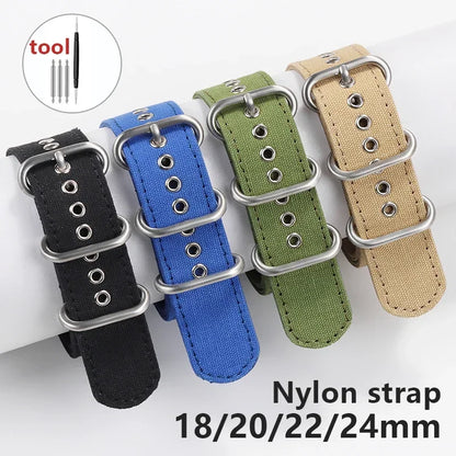 Canvas Nylon Thick Watch Strap for Seiko Smartwatches Stainless Steel Pin Buckle Wrist Straps 18/20/22/24mm Bracelet Watchband