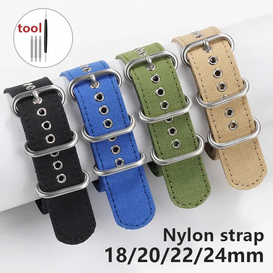 Canvas Nylon Thick Watch Strap for Seiko Smartwatches Stainless Steel Pin Buckle Wrist Straps 18/20/22/24mm Bracelet Watchband