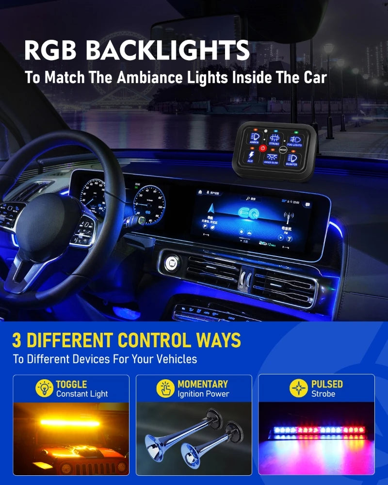 6 gangs RGB Switch Panel Universal Power System LED Lights Slim Electronic On-Off Control Relay System for SUV CAMPER RV MARINE