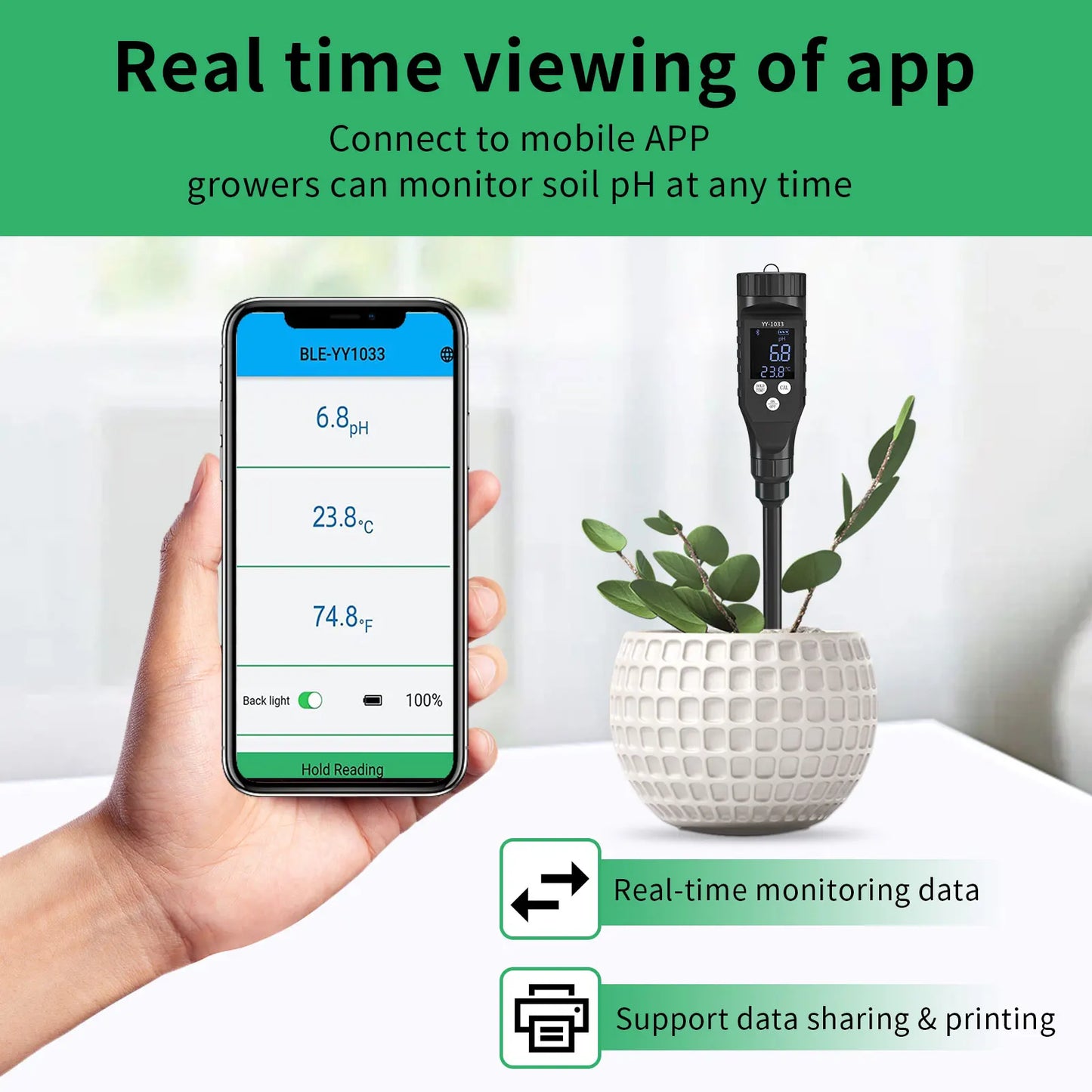 Smart Soil PH Meter 0.0~14.0pH Bluetooth Soil Tester Data Logger Temp Acidity Analyzer for Hydroponics Planting Garden Farmland