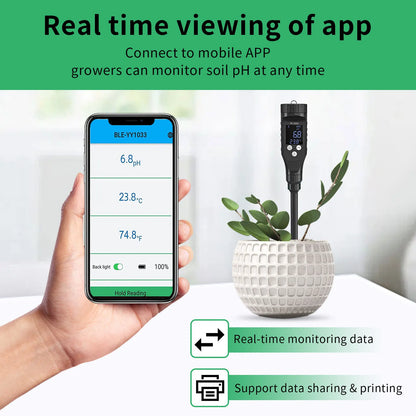 Smart Soil PH Meter 0.0~14.0pH Bluetooth Soil Tester Data Logger Temp Acidity Analyzer for Hydroponics Planting Garden Farmland