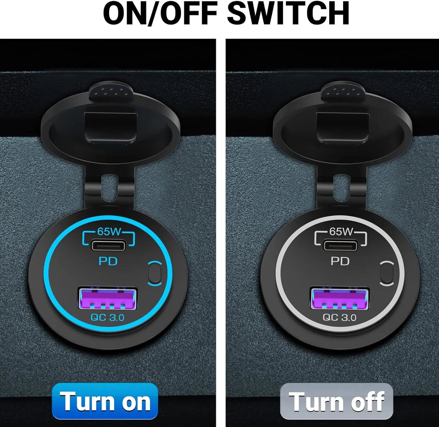 12V Dual USB Car Charger Waterproof Socket PD and QC 3.0 Fast Charging Port Power Outlet with Power Switch For RV Car