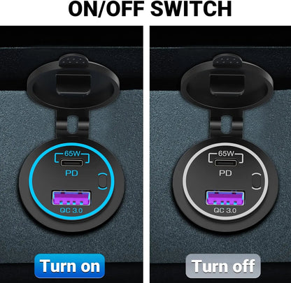 12V Dual USB Car Charger Waterproof Socket PD and QC 3.0 Fast Charging Port Power Outlet with Power Switch For RV Car