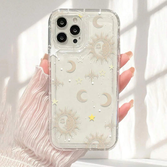 Moon Stars Print Clear Phone Case for iPhone 16E 16 15 14 13 12 11 Pro Max Mini XR X XS 7 8 16 Plus SE Shockproof Silicone Cover