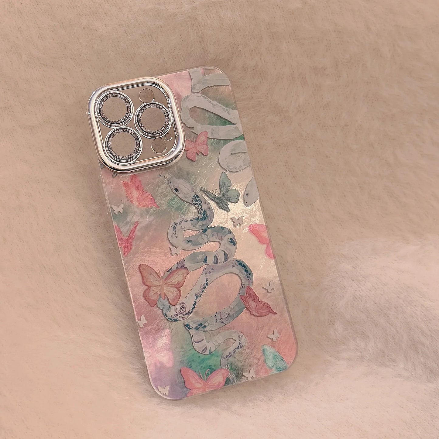 Luxury Snake Butterfly Iridescent Phone Case for iPhone 7 8 Plus X XR 11 12 13 14 15 16 Pro Max Shockproof Glossy Hard PC Cover