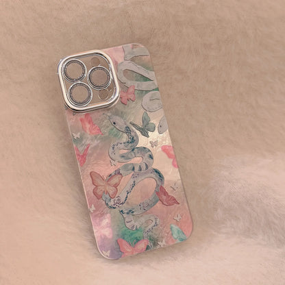 Luxury Snake Butterfly Iridescent Phone Case for iPhone 7 8 Plus X XR 11 12 13 14 15 16 Pro Max Shockproof Glossy Hard PC Cover