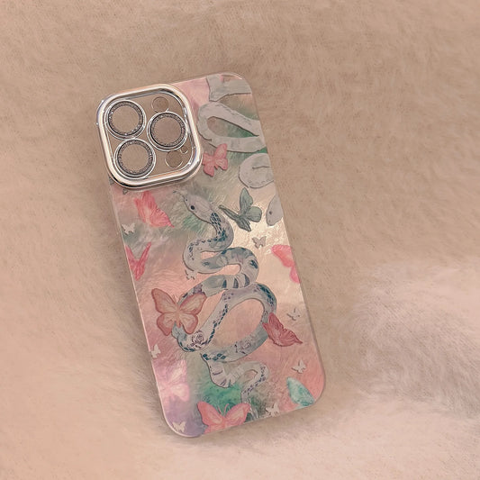 Luxury Snake Butterfly Iridescent Phone Case for iPhone 7 8 Plus X XR 11 12 13 14 15 16 Pro Max Shockproof Glossy Hard PC Cover