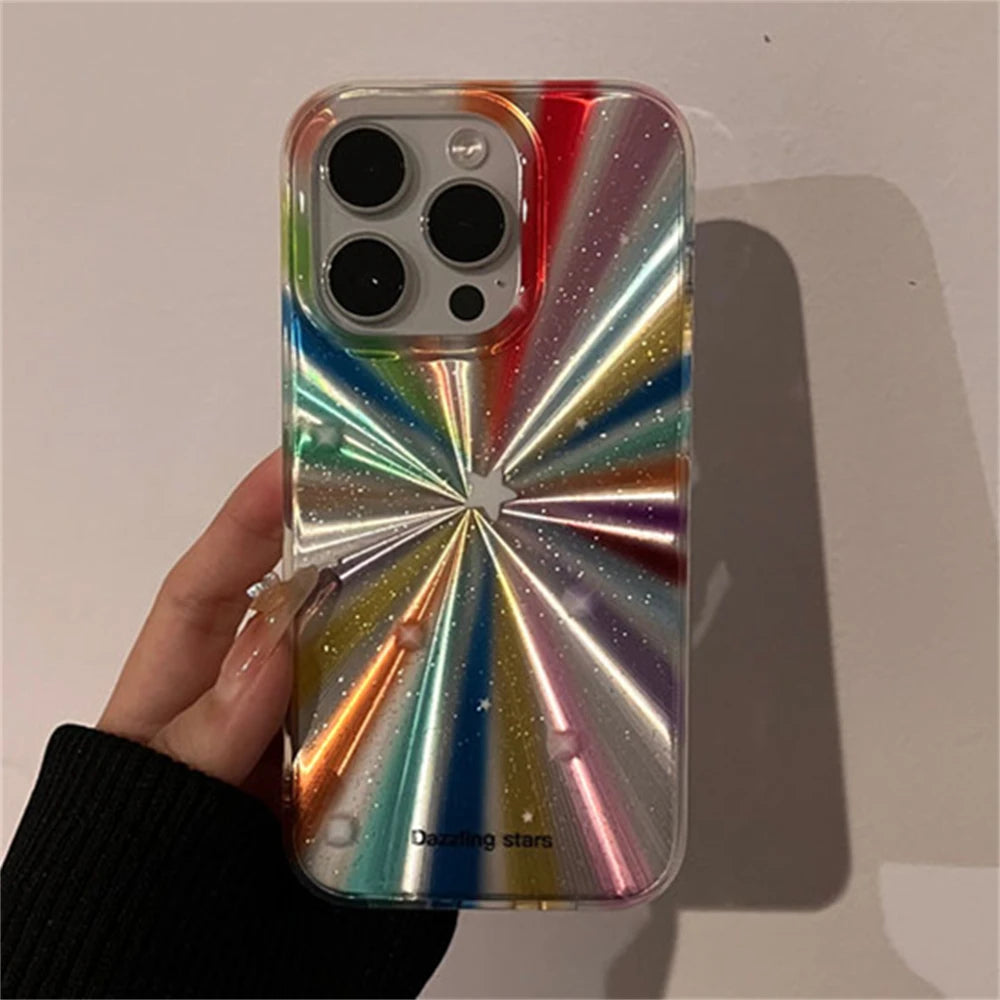 Luxury Laser Radiant Firework Rainbow Color Phone Case For iPhone 15 14 13 12 11 Pro Max Glitter Star Lens Protection Soft Cover