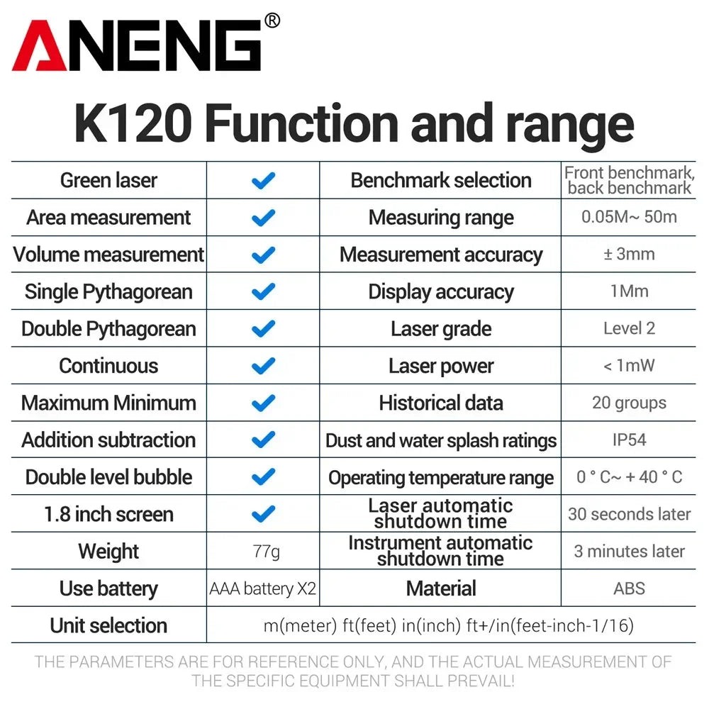 ANENG K120 Laser Tape Measure 50M 70M 100M 120M Laser Rangefinder Electronic Ruler Useful Measurement Tool Ruler Test