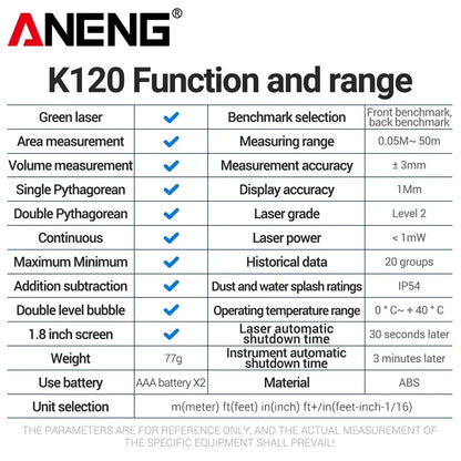 ANENG K120 Laser Tape Measure 50M 70M 100M 120M Laser Rangefinder Electronic Ruler Useful Measurement Tool Ruler Test