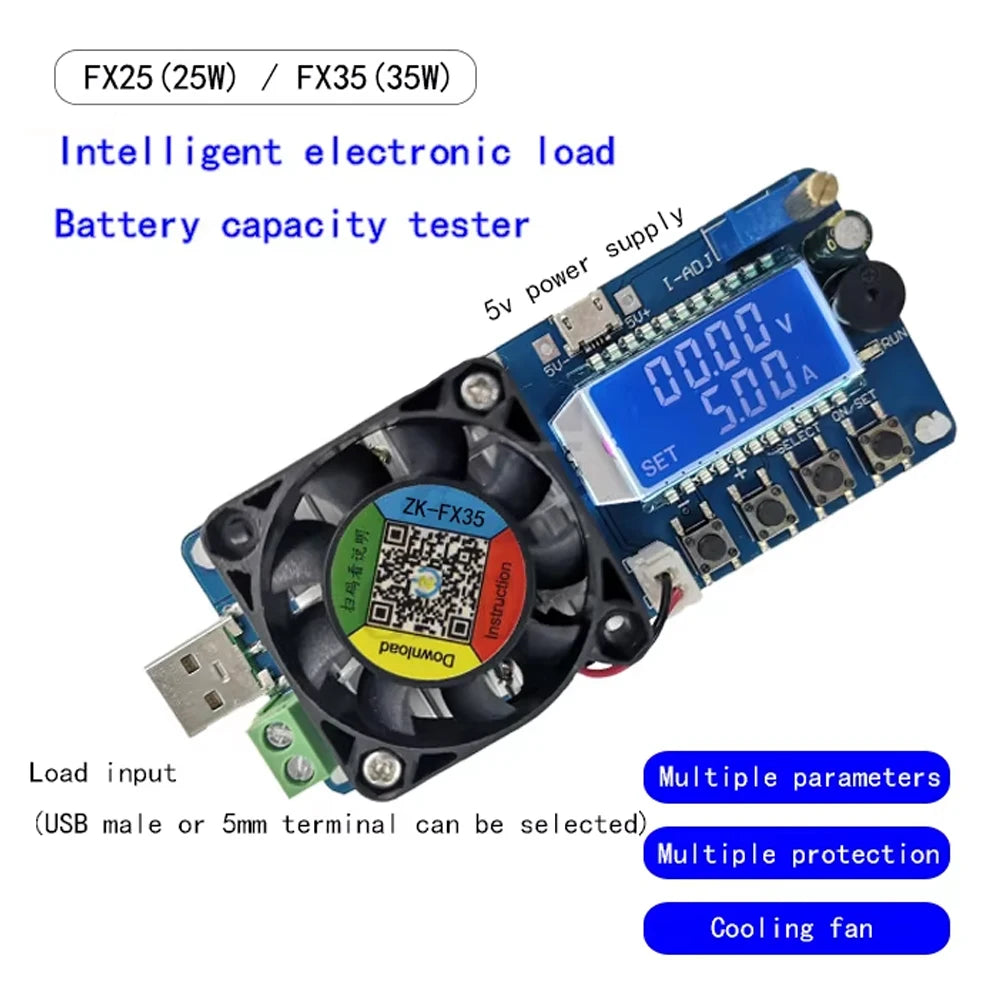 Gaqqee 25W 35W 4A/5A Electronic Load Current Voltage Power Tester USB Protection LCD HD Display Adjustable Resistance Unloader