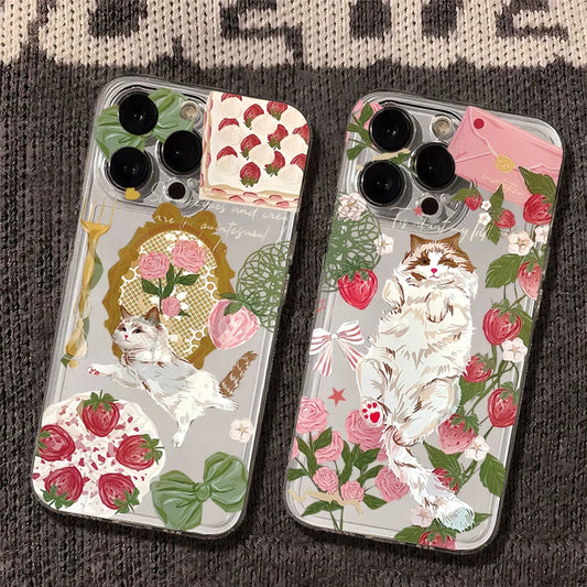 Korean Painted Cat Strawberry Phone Case for Xiaomi Poco X6 X5 X3 F5 F6 M6 Pro 4G Mi 11 Lite 5G 14T 14 13T 13 12T 12 Soft Cover