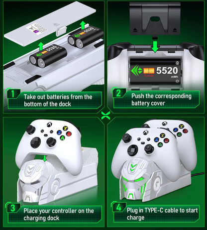 DinoFire A101 XBOX Controller Charger With 2*5520 mWh Rechargable Battery ＆ 4 Cover For XBOX Serise S/X / XBOX ONE S/X