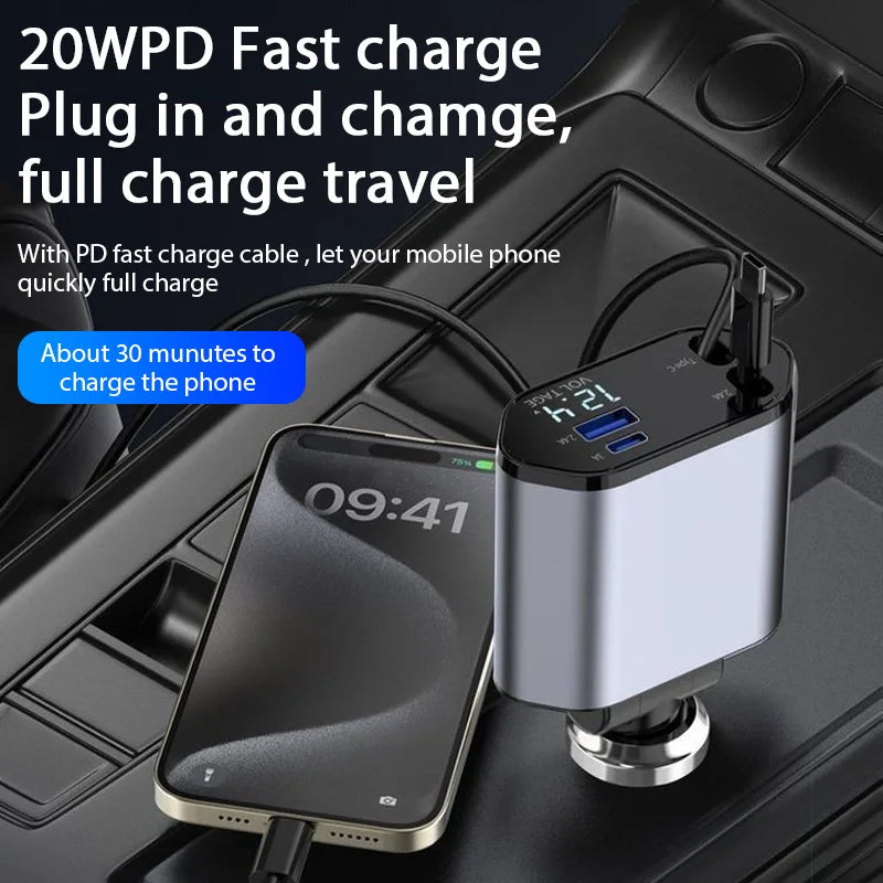 4 in 1 120W Car Charger Retractable Car Cigarette Lighter Adapter USB Type C Fast Charger Cable For IPhone Xiaomi Huawei Samsung