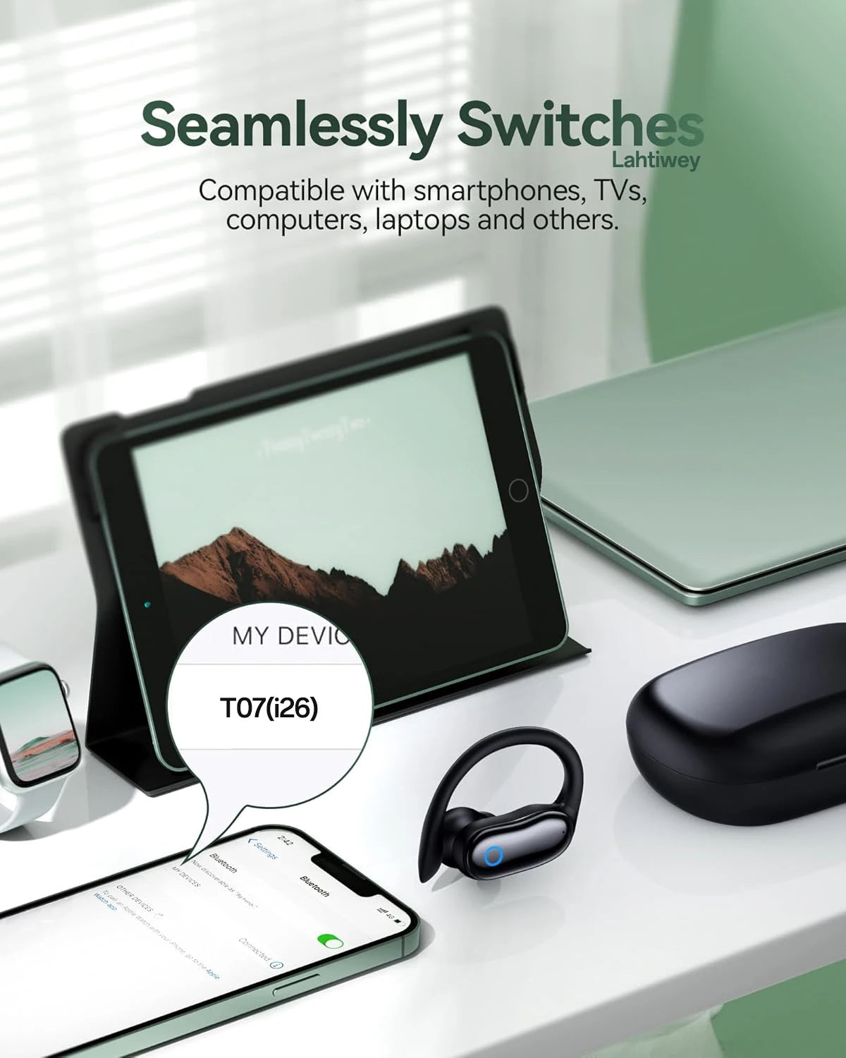Ear Buds Wireless Earbuds 96hrs Playback Bluetooth Headphones IPX7 Waterproof Stereo Bass Over-Ear Earphones with Earhooks Mic