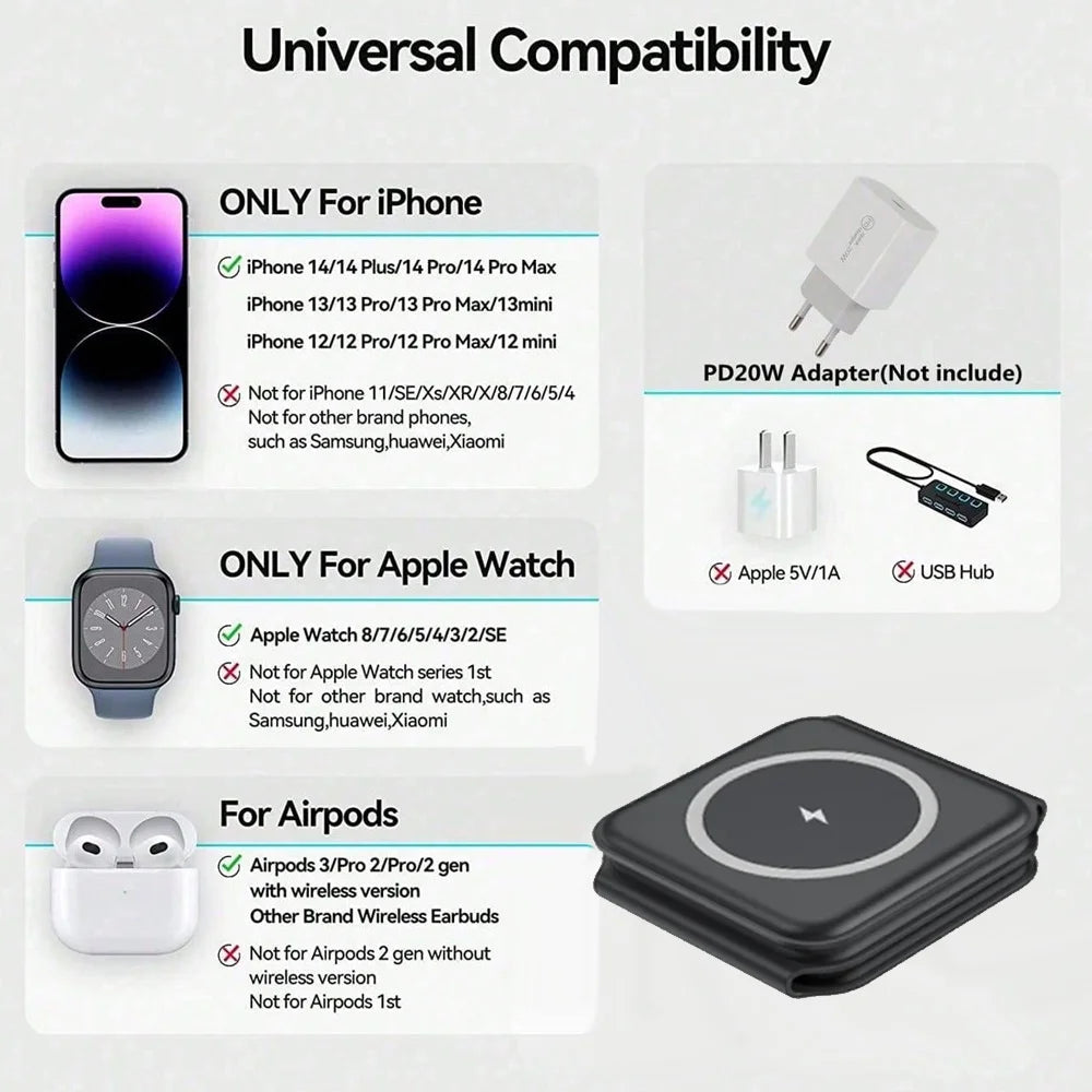 100W 3 in 1 foldable Wireless Charger Pad Stand for iPhone 15 14 13 16Pro Max Airpods iWatch Fast Wireless Charging Dock Station