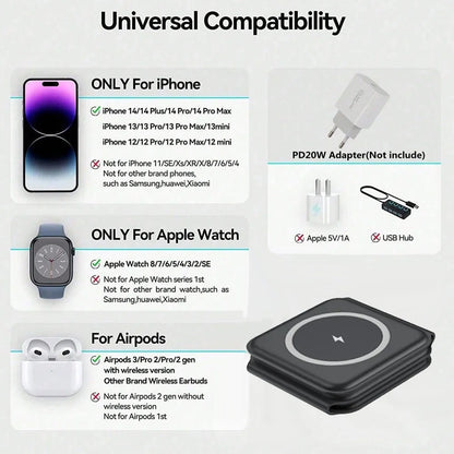 100W 3 in 1 foldable Wireless Charger Pad Stand for iPhone 15 14 13 16Pro Max Airpods iWatch Fast Wireless Charging Dock Station