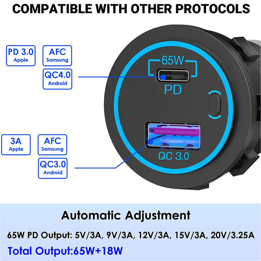12V Dual USB Car Charger Waterproof Socket PD and QC 3.0 Fast Charging Port Power Outlet with Power Switch For RV Car
