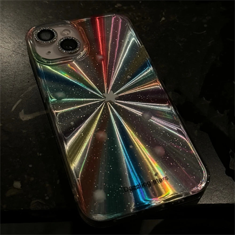 Luxury Laser Radiant Firework Rainbow Color Phone Case For iPhone 15 14 13 12 11 Pro Max Glitter Star Lens Protection Soft Cover