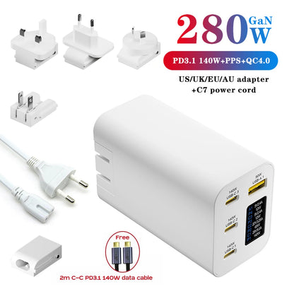 280W GaN High Power Charger 0.96inch OLED Screen PD3.1 140W+140W PPS105W Portable US/EU/UK/KR C7/AU Phone Laptop Fast Charging