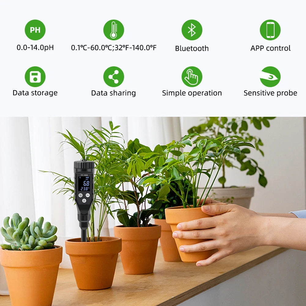 Smart Soil PH Meter 0.0~14.0pH Bluetooth Soil Tester Data Logger Temp Acidity Analyzer for Hydroponics Planting Garden Farmland