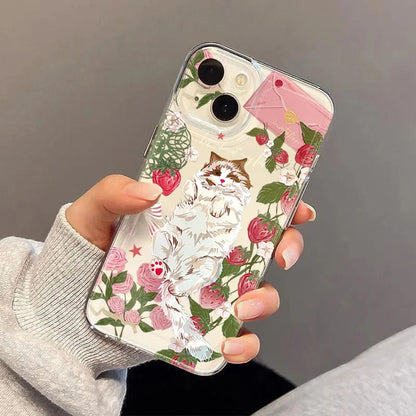 Korean Painted Cat Strawberry Phone Case for Xiaomi Poco X6 X5 X3 F5 F6 M6 Pro 4G Mi 11 Lite 5G 14T 14 13T 13 12T 12 Soft Cover