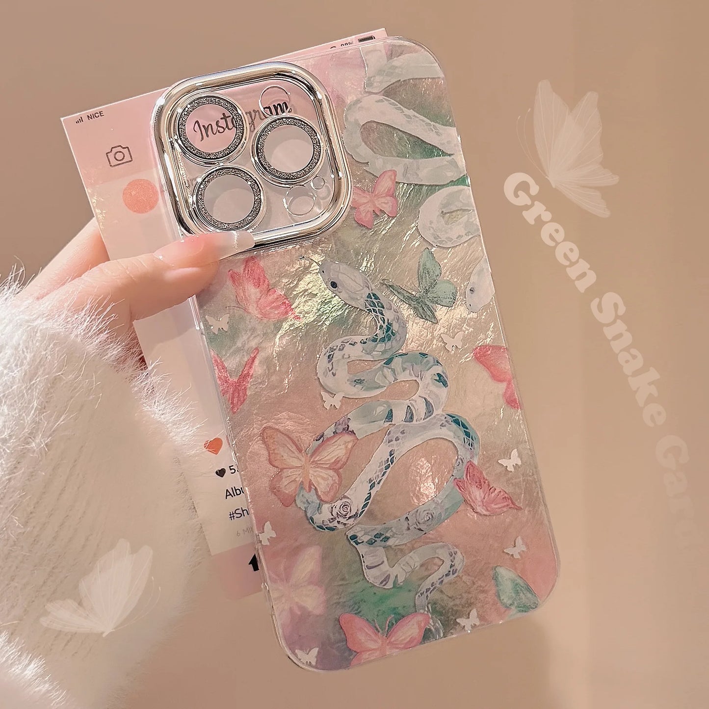 Luxury Snake Butterfly Iridescent Phone Case for iPhone 7 8 Plus X XR 11 12 13 14 15 16 Pro Max Shockproof Glossy Hard PC Cover