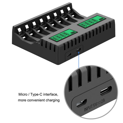 Ni-MH Ni-Cd AA AAA Battery Charger  LCD Digital Display 1.2V 8 Slots Rechargeable Batteries Micro Type-C Smart Batteries Charger