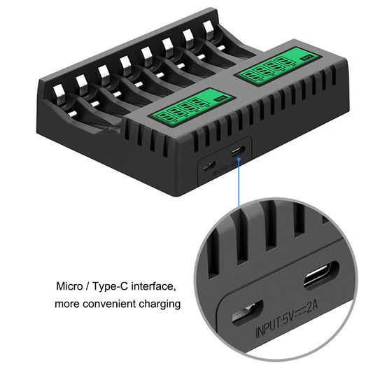 Ni-MH Ni-Cd AA AAA Battery Charger  LCD Digital Display 1.2V 8 Slots Rechargeable Batteries Micro Type-C Smart Batteries Charger
