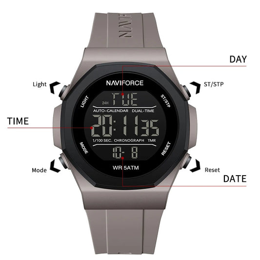 NAVIFORCE Electronic Watches Men LCD Display Waterproof Clock Silicone Strap Luminous Business Man Wristwatch Relogio Masculino