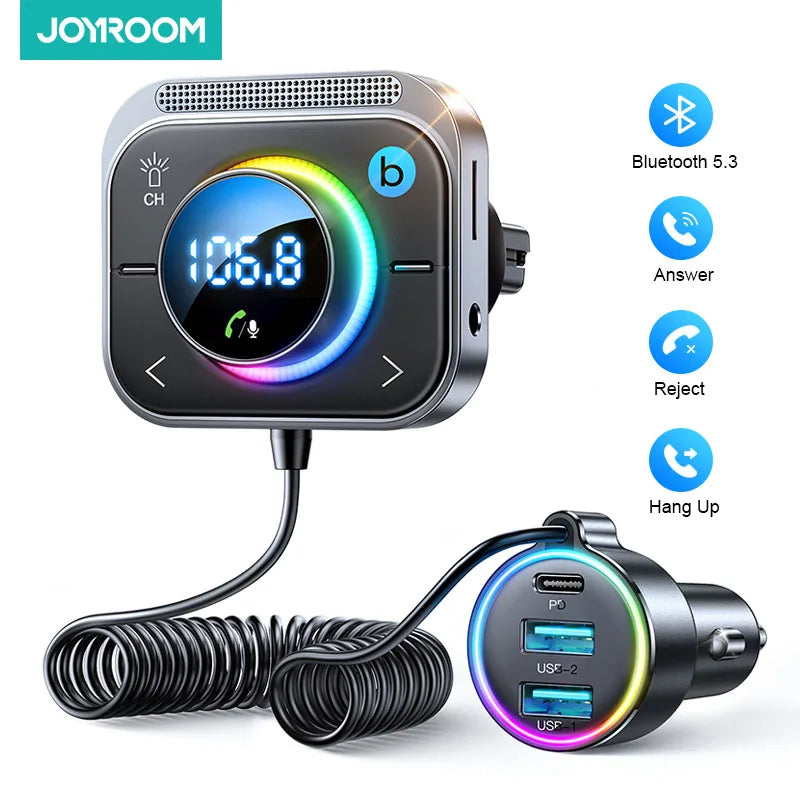 Joyroom Car Bluetooth 5.3 FM/AUX Transmitter Car Adapter Hand-Free Calling 3 Fast Charging Ports Transmitter Charger PD QC 3.0
