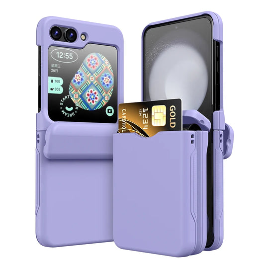 New Solid Color Card Slot Phone Case For Samsung Galaxy Z Flip 3 4 5 Z6 Flip6 Z5 Z4 Flip5 Flip 6 5 4 Folding Hinge Hard PC Cover