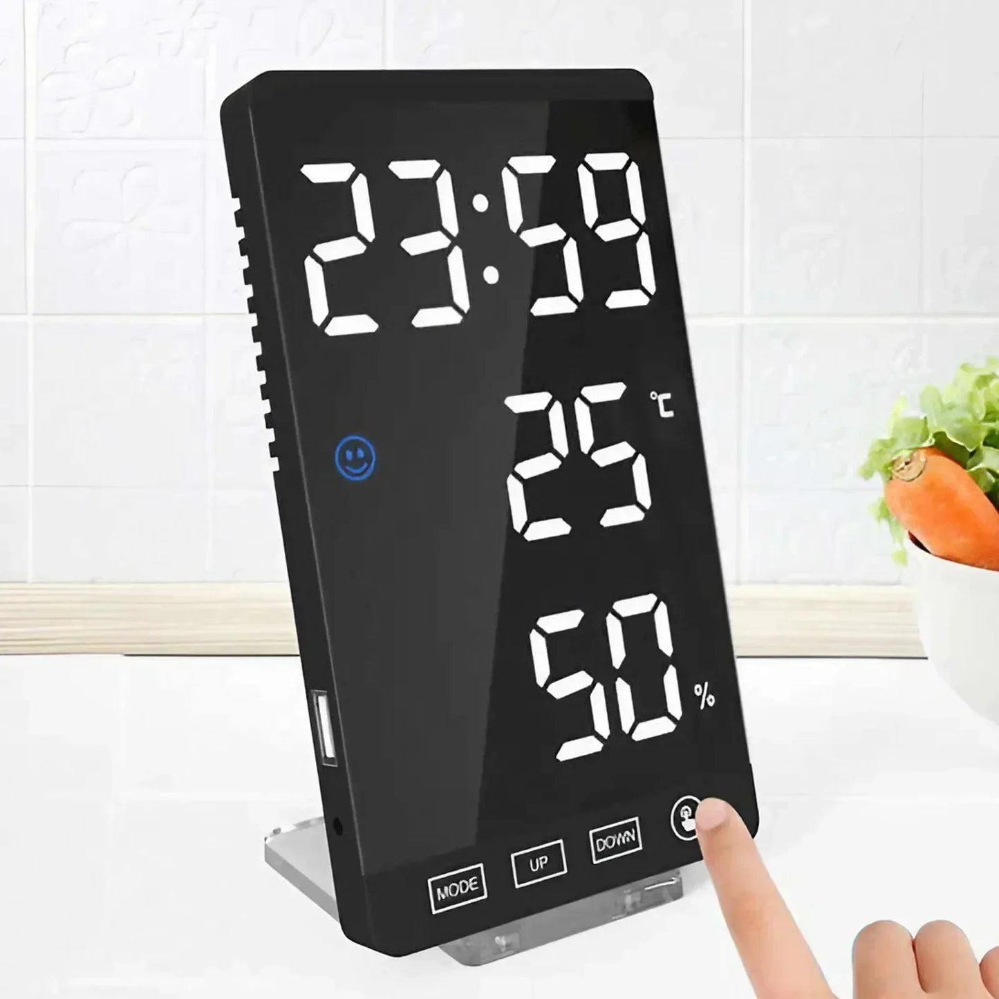 6 Inch Mirror LED Alarm Clock Touch Button Digital Temperature and Humidity Display Clock USB Port Output Clock