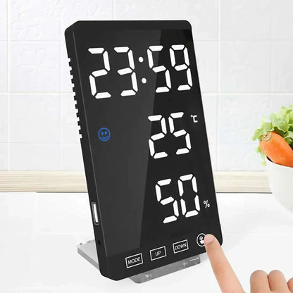 6 Inch Mirror LED Alarm Clock Touch Button Digital Temperature and Humidity Display Clock USB Port Output Clock