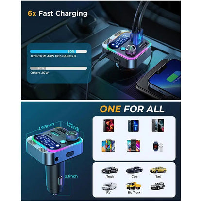 48W  Bluetooth 5.3 FM Transmitter For Car Stronger Dual Mics Deep Bass Sound PD&QC3.0 Car Charger Bt Adapter Fm Transmitter