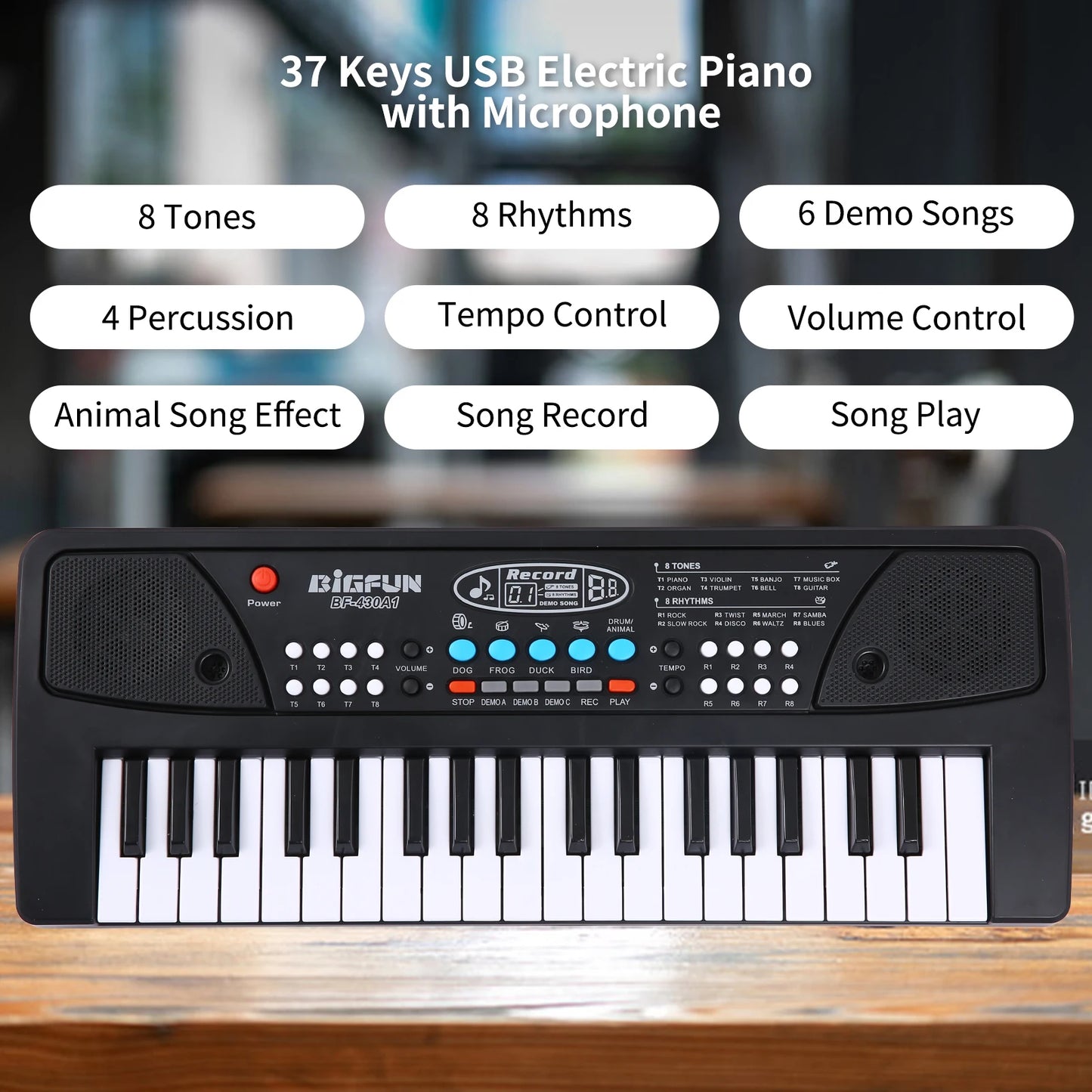 BIGFUN 37 Keys/49 Keys USB Electronic Organ Keyboard Piano Digital Music Electronic Keyboard with Microphone Black