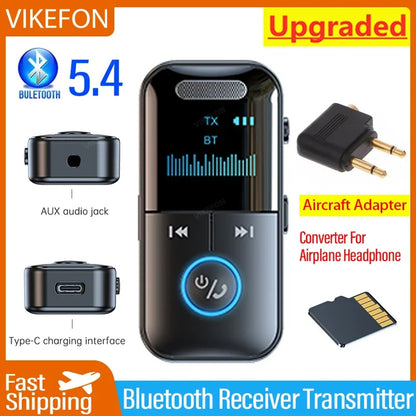 VIKEFON Bluetooth 5.4 Receiver Transmitter 3.5mm AUX TF Card Playback HiFi Wireless Audio Adapter With Mic LED Digital Display
