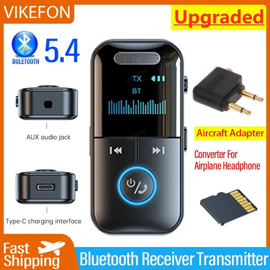 VIKEFON Bluetooth 5.4 Receiver Transmitter 3.5mm AUX TF Card Playback HiFi Wireless Audio Adapter With Mic LED Digital Display