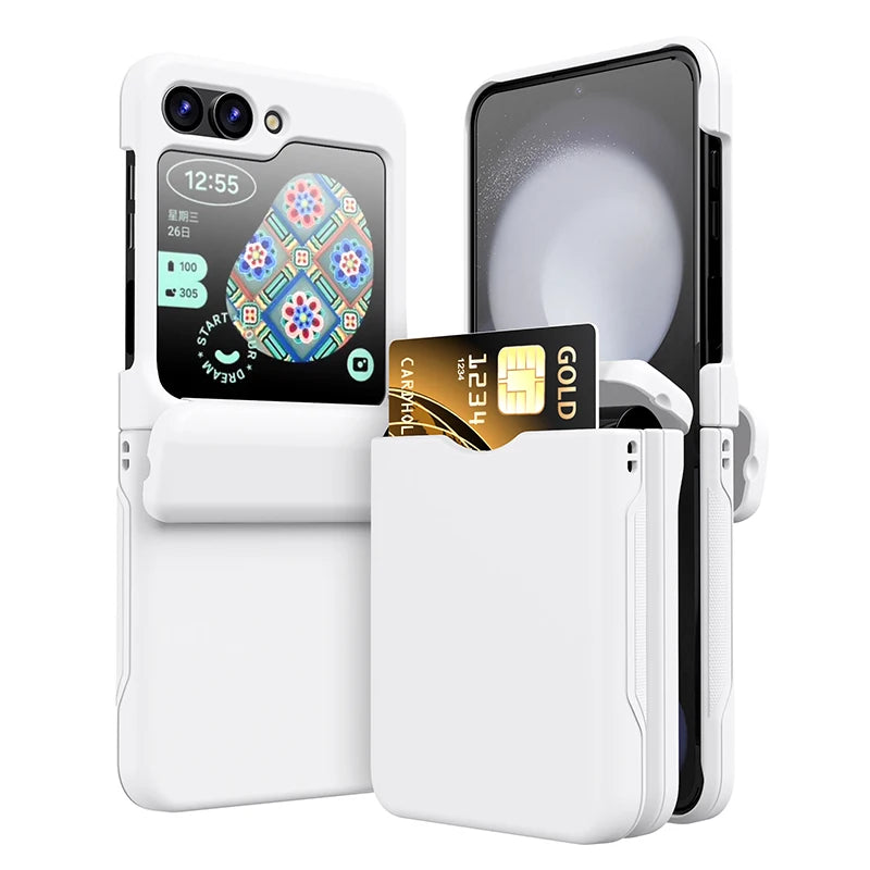 New Solid Color Card Slot Phone Case For Samsung Galaxy Z Flip 3 4 5 Z6 Flip6 Z5 Z4 Flip5 Flip 6 5 4 Folding Hinge Hard PC Cover