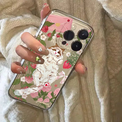 Korean Painted Cat Strawberry Phone Case for Xiaomi Poco X6 X5 X3 F5 F6 M6 Pro 4G Mi 11 Lite 5G 14T 14 13T 13 12T 12 Soft Cover