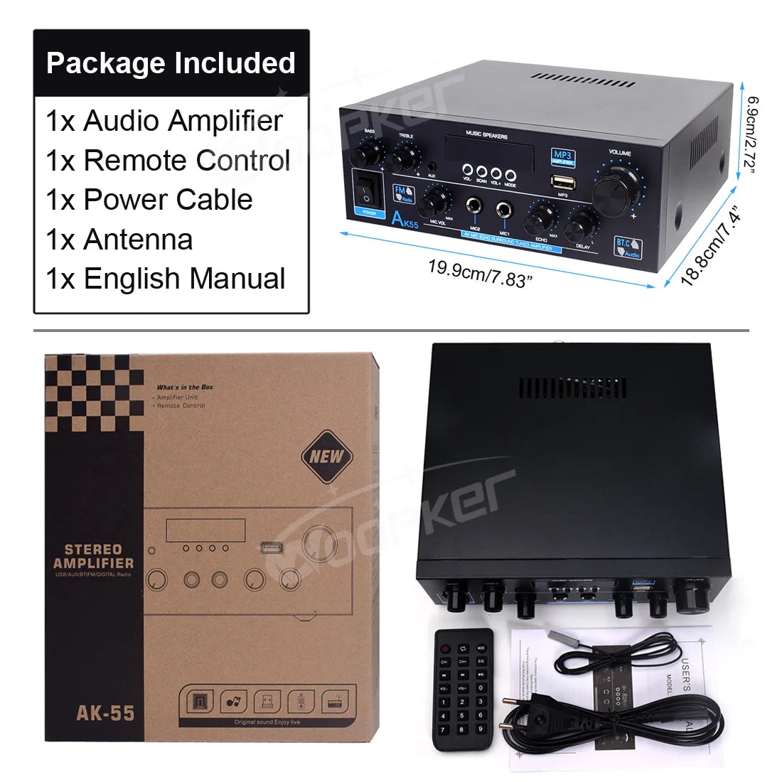 Home Power Amplifier AK55 Channel 2.0 Bluetooth 5.0 AUX RAC dual microphone Digital Stereo Sound 450W+450W Subwoofer